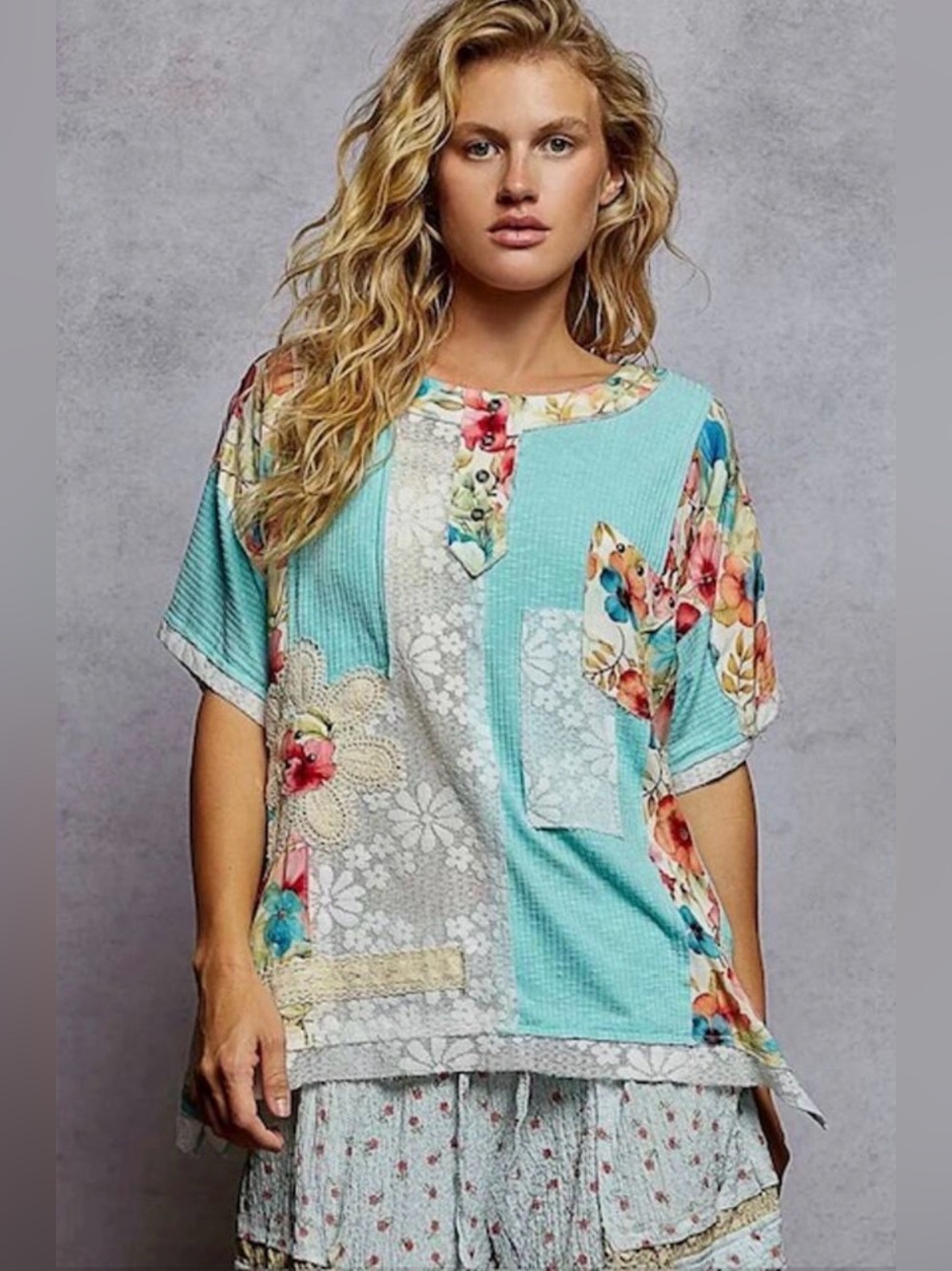 POL Patchwork Floral Crochet and Lace Top